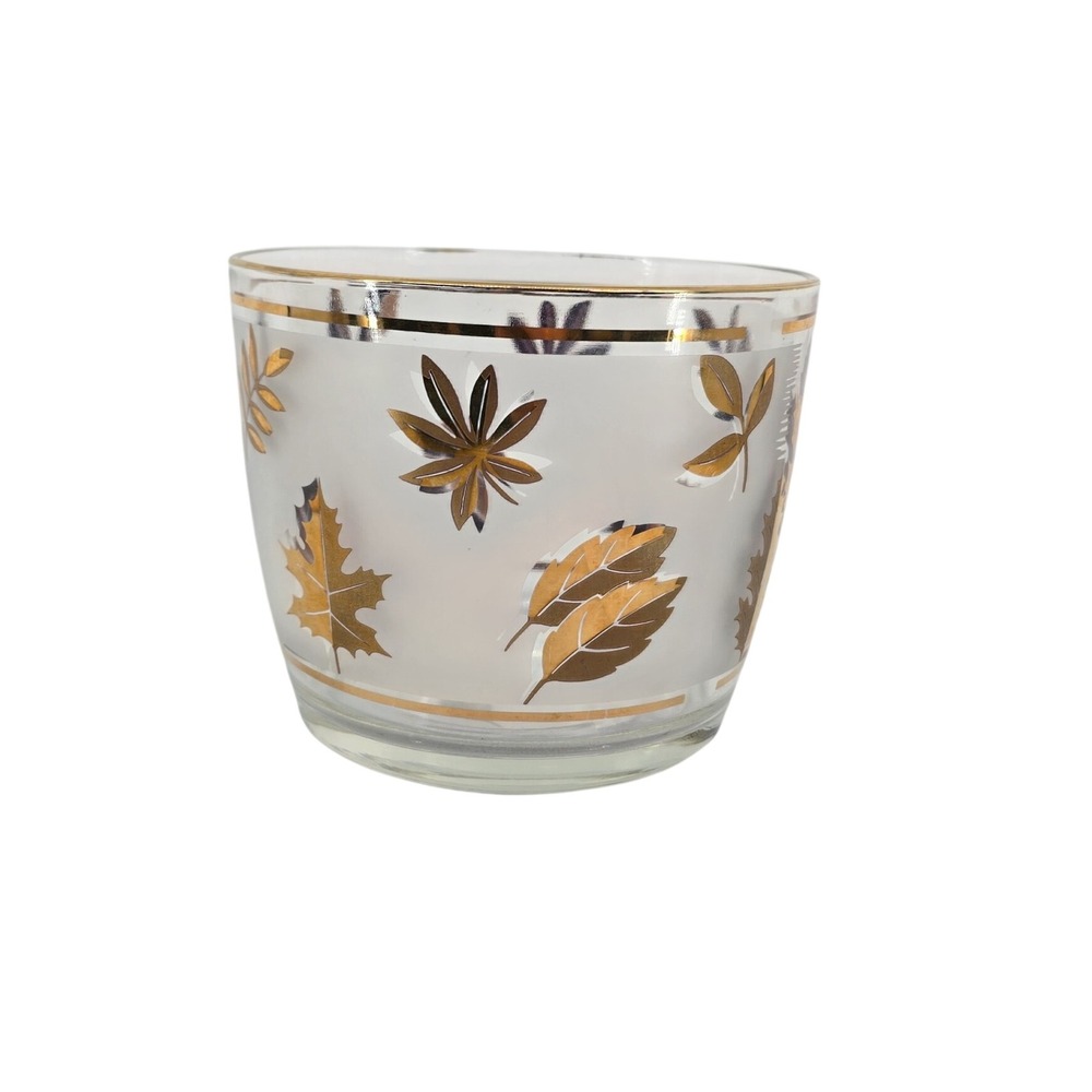 Vintage Mid Century Frosted Glass Ice Bucket Gold Silver Metallic Leaves MCM